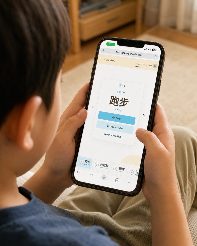 A child practicing Chinese vocabulary on No Worry Tingxie on a phone