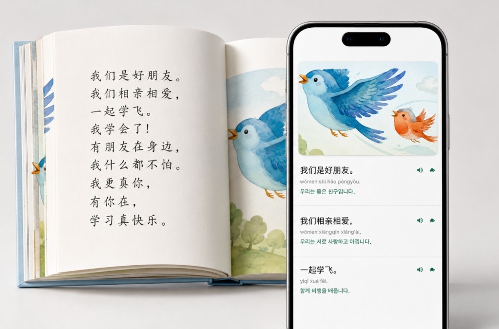 A Chinese storybook next to the Pikabook app showing the same page as line-by-line study material